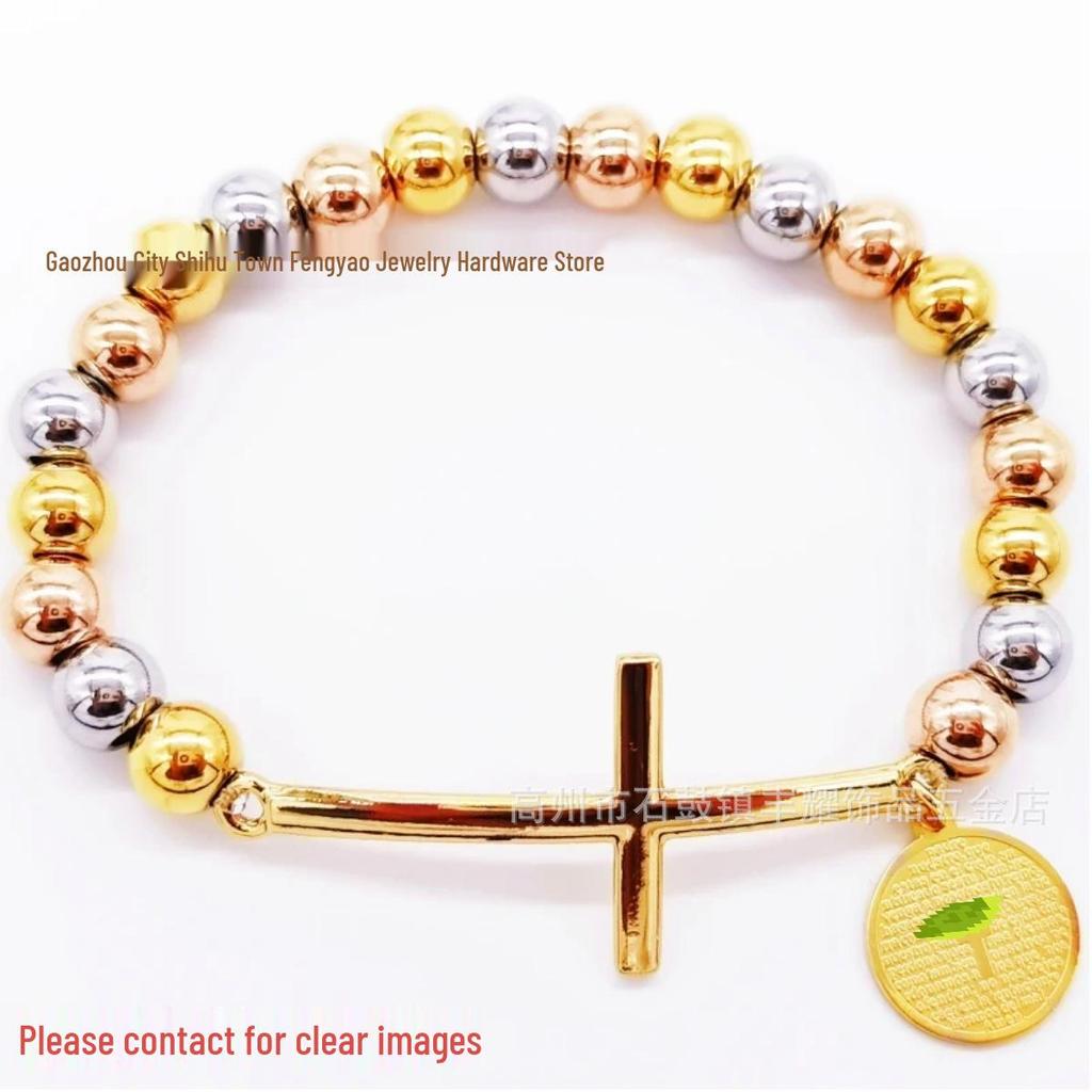8mm Random Three-Color Bead Stainless Steel Handcrafted Cross Bracelet
