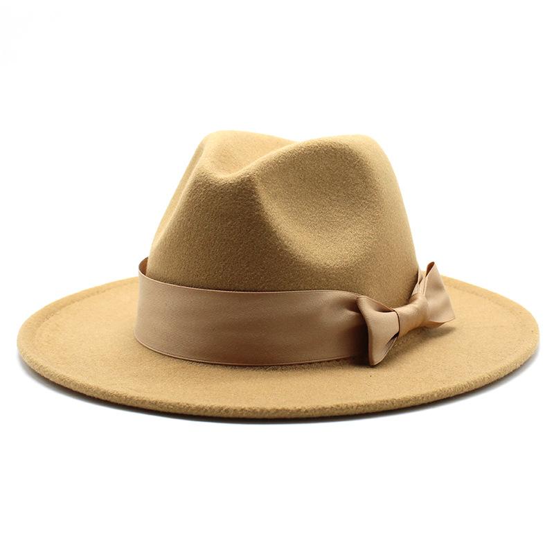 2020 Woolen Top Hat Men'S And Women'S Flat-Brimmed Big Eaves Hat Solid Color Versatile Bow Straight Edge Jazz Hat 22 Colors