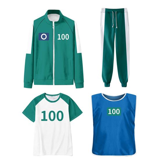 Kostým Squid Game Cosplay Čtyřdílná sada Tepláková souprava Oblečení Bunda Tričko Vesta Kalhoty Sada Sportovní mikina Halloweenský Karnevalový Párty Kostým