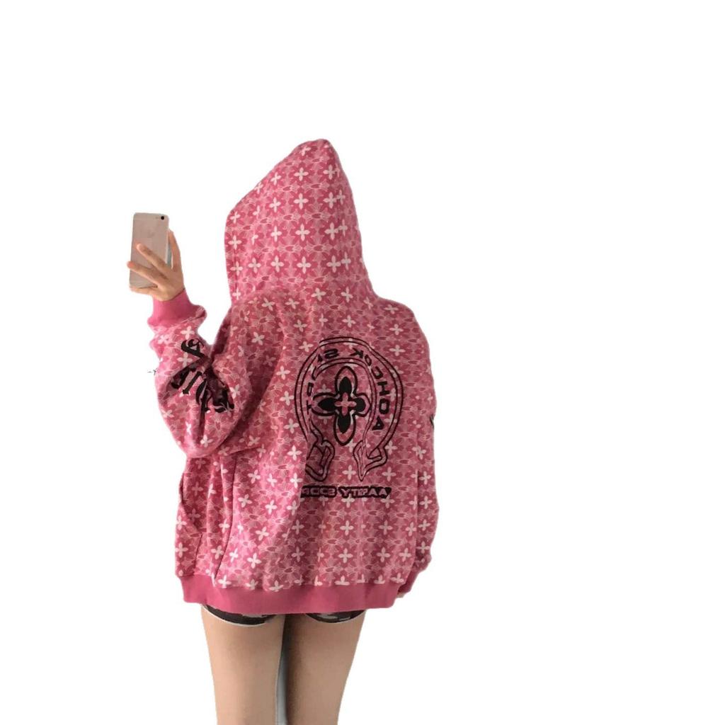 American Retro High Street Gothic Letter Hooded Sweater Women's 2025 New Loose Zipper Cardigan Jacket