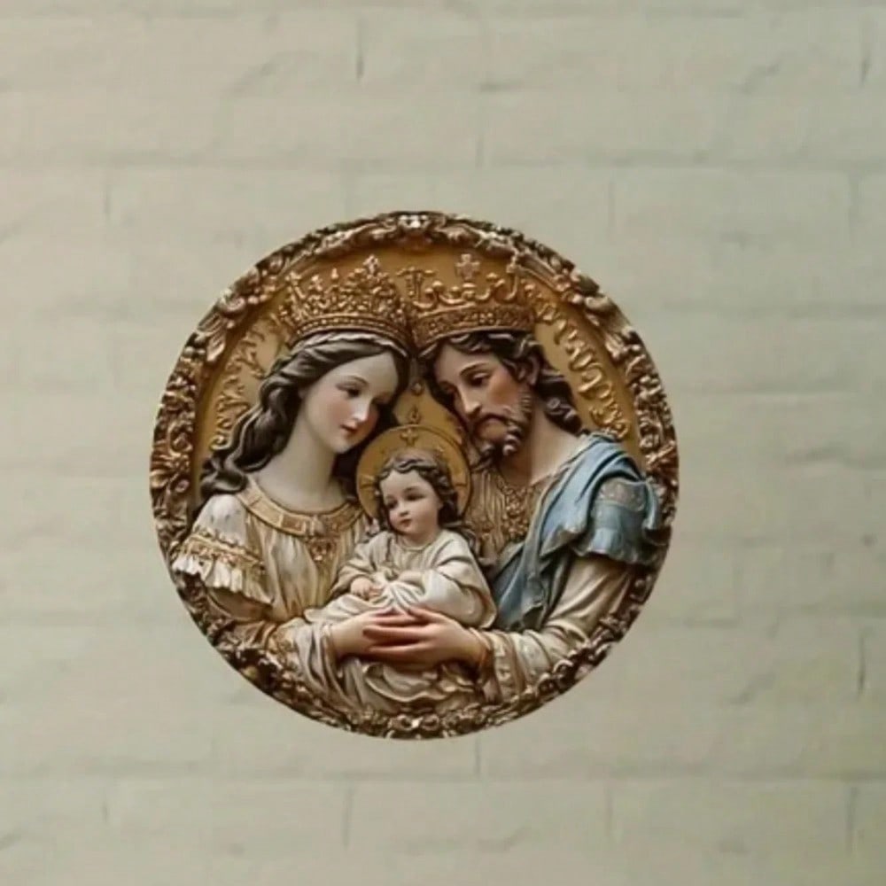 3D Embossed Holy Family Aluminum Sign Round Wall Art For Bathroom Cafe Decor