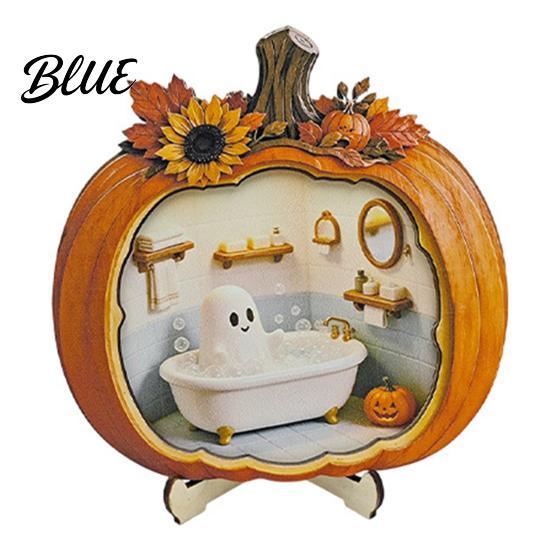 Handmade Wooden Halloween Art Ghost Pumpkin Tabletop Sign House with Mini Tiered Stacked Crafts Scene Fall Harvest Desktop Ornament for Home Office