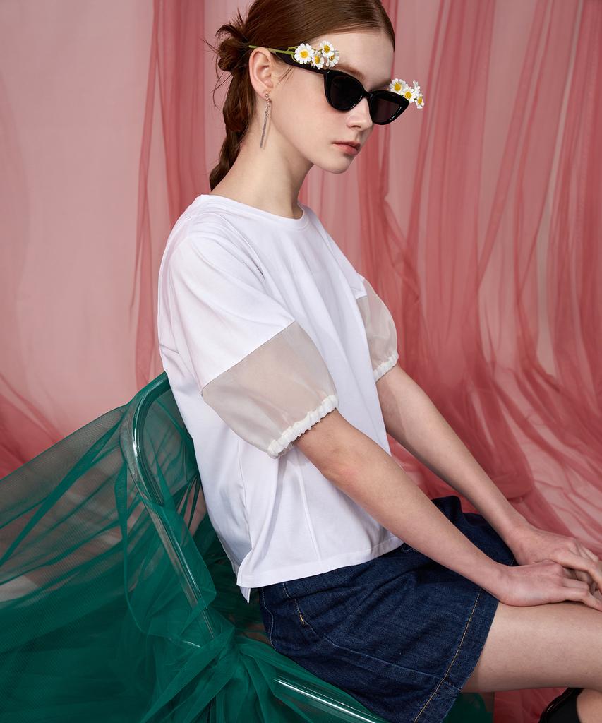 Pelimela Organza Puff Sleeve T-Shirt (White)