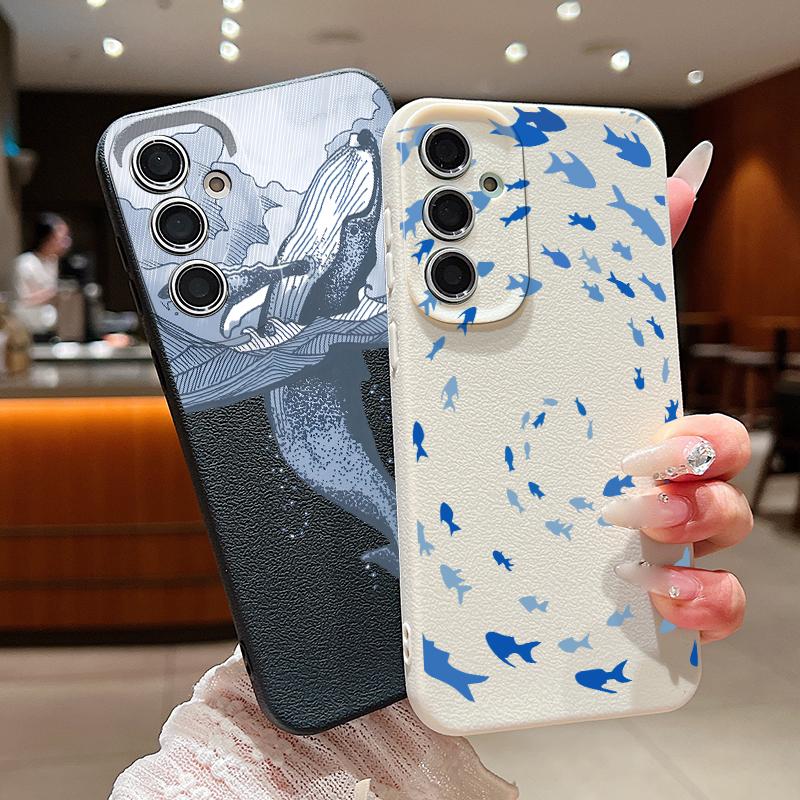 Blues Fish Whale Ocean Phone Case For Samsung S26 S25 S24 Ultra S23 S22 S21 FE A15 A16 A17 A35 A36 A37 A54 A55 A56 A57 5G Leather Texture Soft Cover