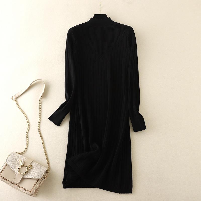 

Осень-зима женщины тонкий внутренний половина высокой шеи сплошной цвет вязать платье свитер OneSize чёрный