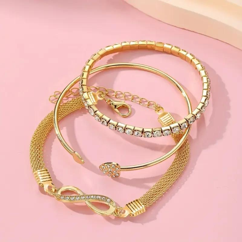 3Pcs Set Vintage Crystal Rhinestone Heart Bracelets for Women  Geometric Adjustable Infinity Cuff Bangle Jewelry Gift