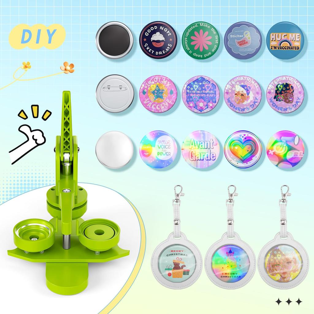 Button Badge Maker, 58mm Rotary Button Badge Making Machine, No Assembly Required, Includes 100 Metal Badge Pieces, 5 PU Holders, and 10 Refrigerator
