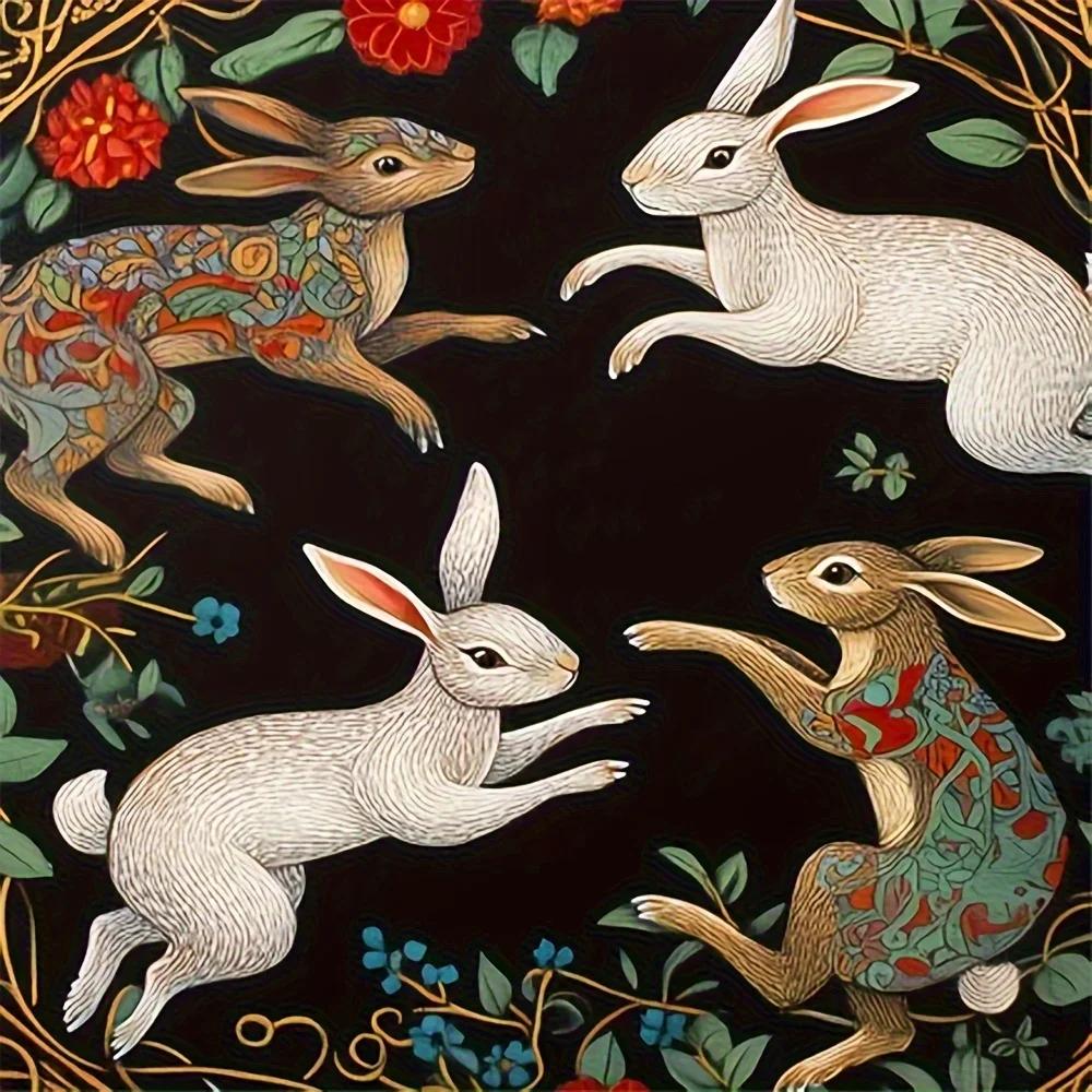 Four Rabbits Round Rug Flannel Celtic Knot Border Floral Animal Print Floor Mat Easter Spring Decor Living Room Nursery Soft