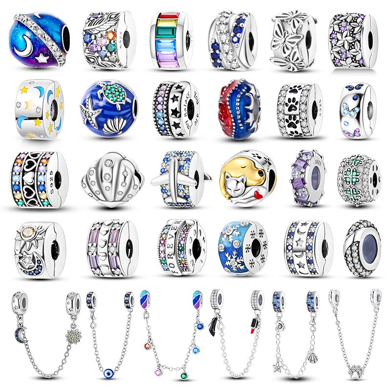 925 Silver Star Moon Bracelet Ocean Safety Chain with Colored Zircon Beads DIY Fine Jewelry for Women