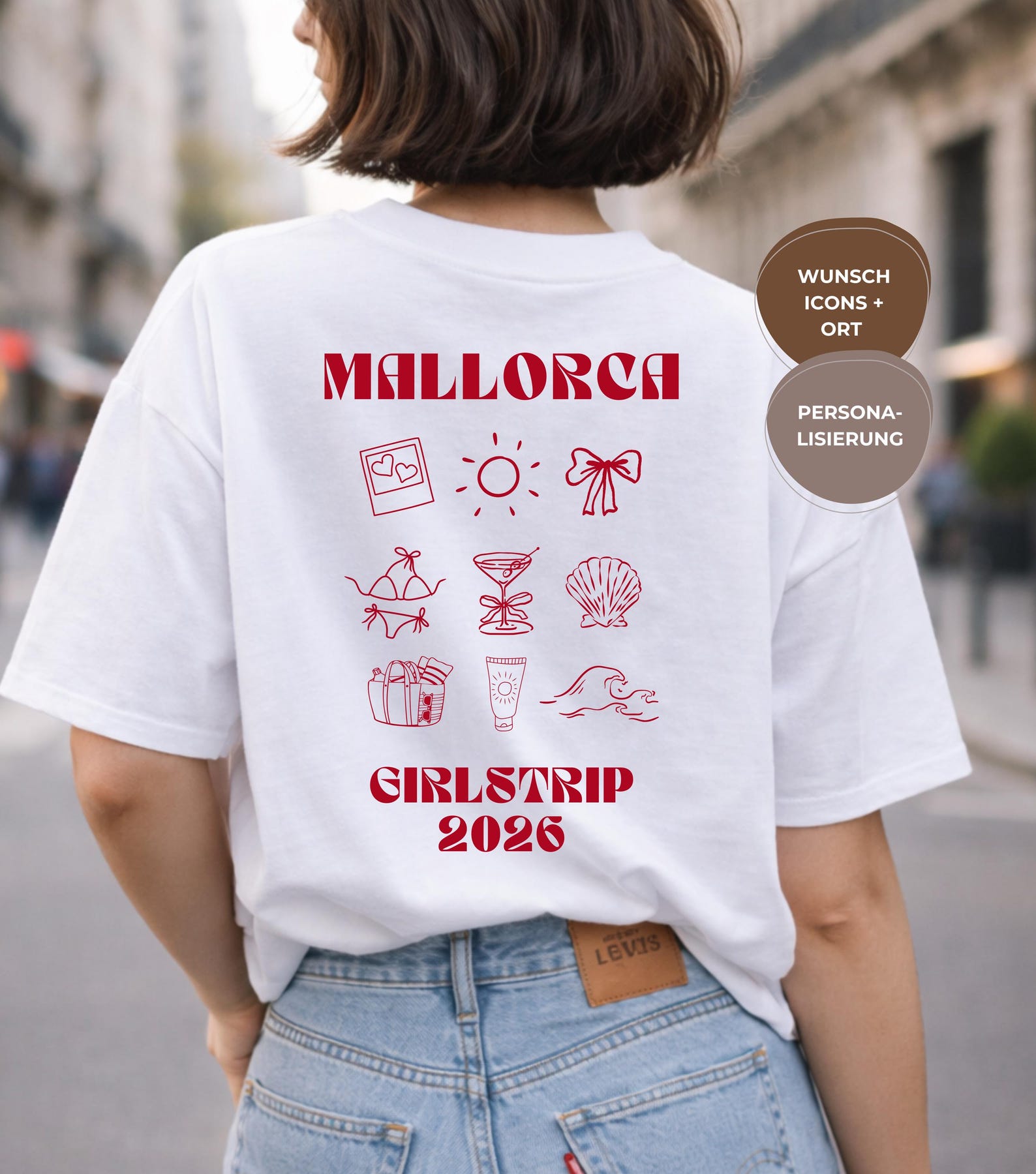 Personalized girlstrip T-shirt, doodle shirt with custom icons, shirt with desired location & year – group shirt for friends, girlstrip outfit S