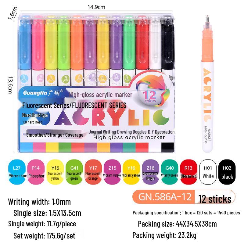 

Guang Na 586 Acrylic Waterproof Highlight Markers - Non-Bleeding, Stackable, Watercolor Art Pens for Students