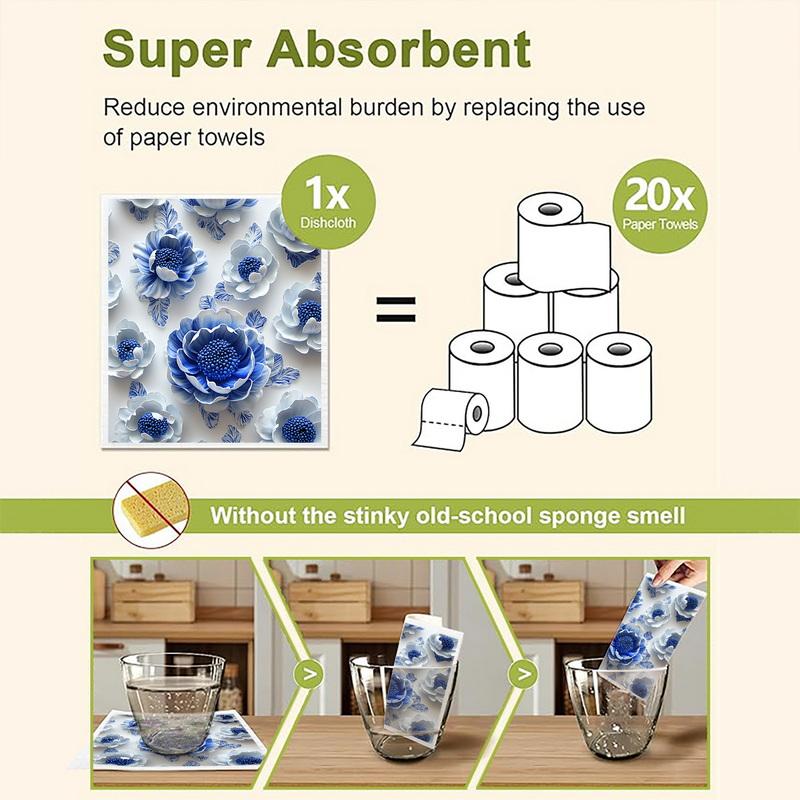 Cleaning Cloth Reusable Kitchen Dish Towels Eco-friendly Microfiber Blue and White Pattern Dishcloths Lint Free Washable Duster Rags Tea Towels