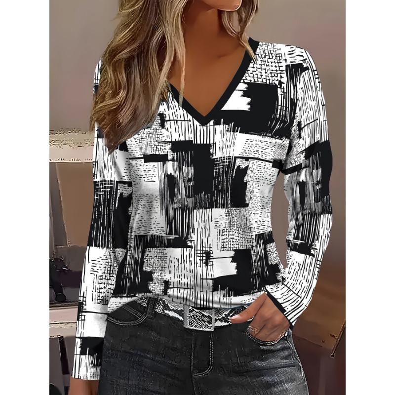 Abstract Geometric Patterned Patchwork Print V-Neck Long Sleeve T-Shirt, Casual Daily Long Sleeve Shirt, New Women'S Autumn And Winter Long Sleeve Top