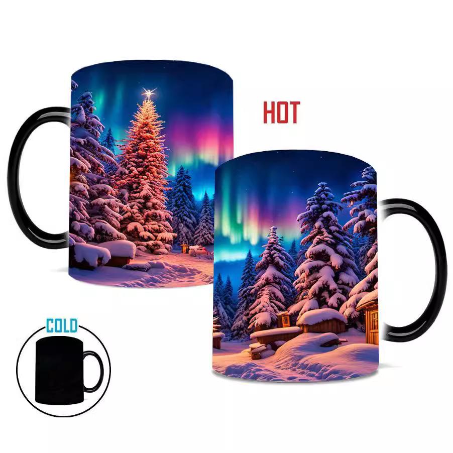 Christmas Northern Lights Color Changing Cup Ceramic Coffee Mug Snowman Christmas Tree
