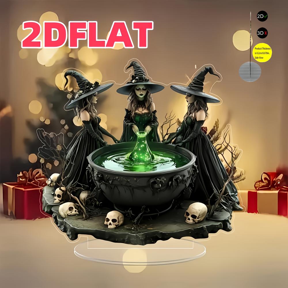2D Flat Fantasy Witch Trio Acrylic Statue Decoration - Crystal Inspired Tabletop Holiday Decoration  or Birthday and Holiday Gifts,   for Halloween.