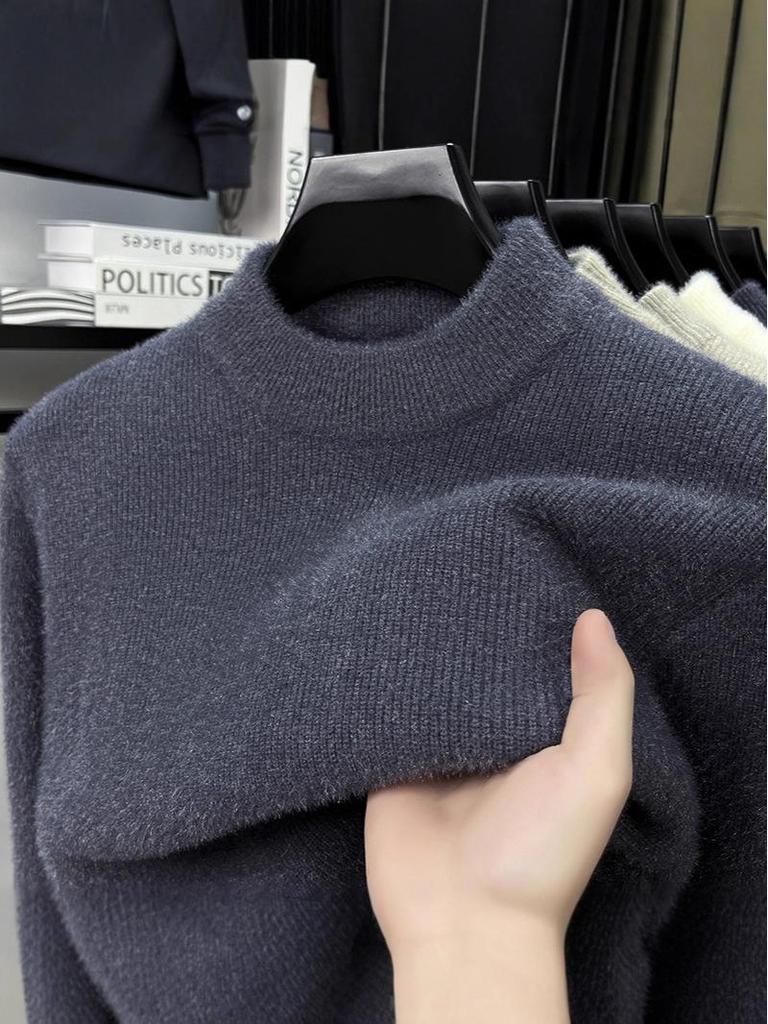 Men's High Neck Solid Color Thick Knit Sweater - Velvet Warm Base Layer for Autumn/Winter