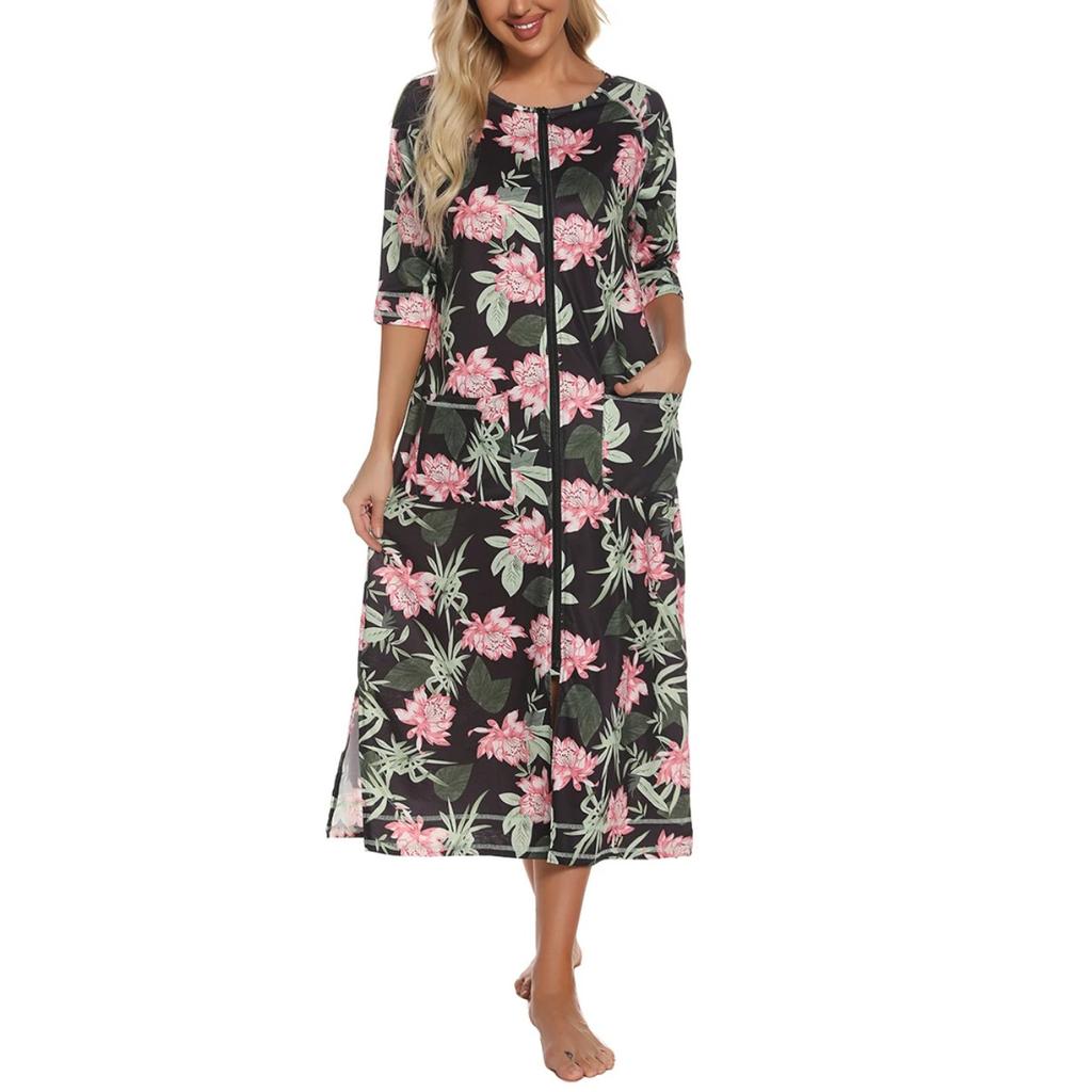 Cremallera Ropa de Dormir para Mujer Pijama Vestido de Maternidad Manga 3/4 Lactancia Bebé Lactancia Camisón Vestido de Embarazo