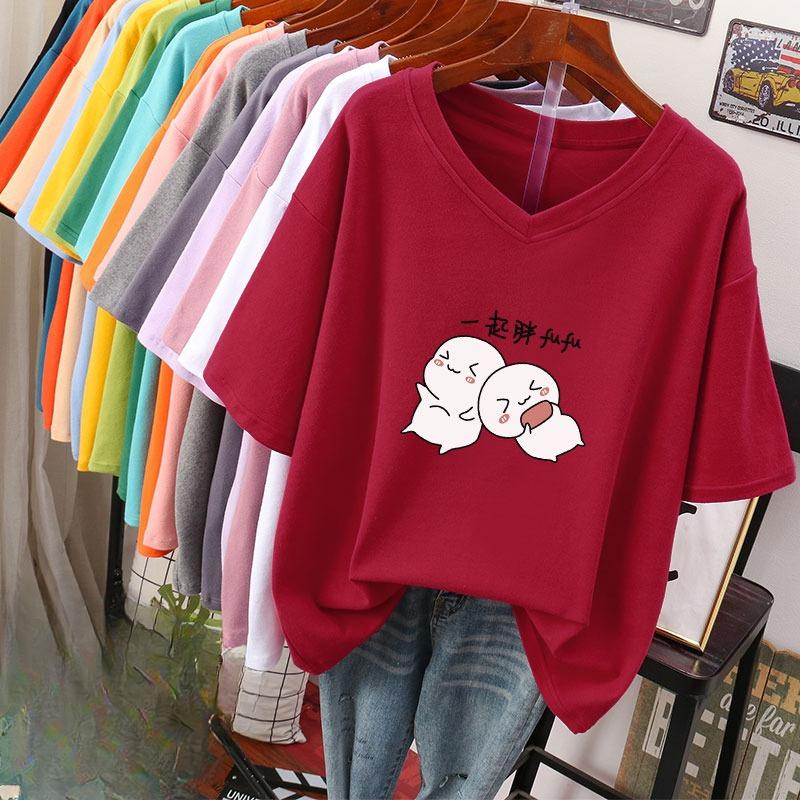 Camiseta de manga curta, Solta, Top V-neck Estampado Emagrecedor para Mulheres