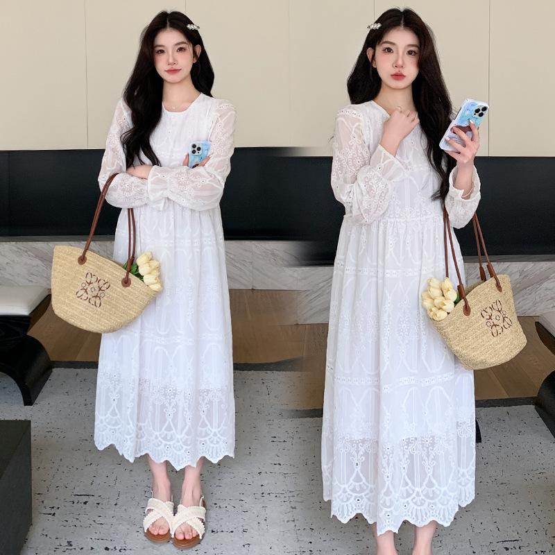 2024 Spring Korean Style Embroidered Round Neck Long Sleeve Elegant Maternity Plus Size Dress