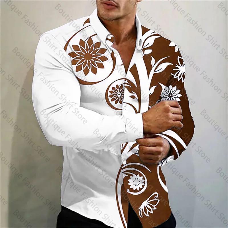 2024 New Multi-color Flower Printed Fashion Shirt, for Social Gatherings, Men's Lapel Long-sleeved Shirts Increase XS-6XL