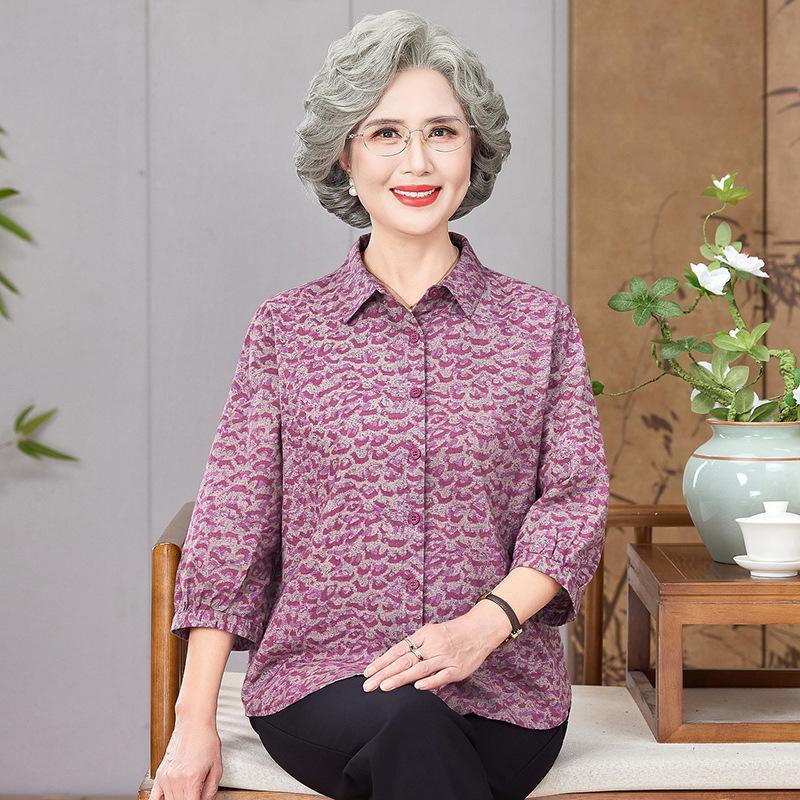 Elderly Women's Spring/Summer Pure Cotton 3/4 Sleeve Shirt for Mom/Wife/Grandma In 60s-70s