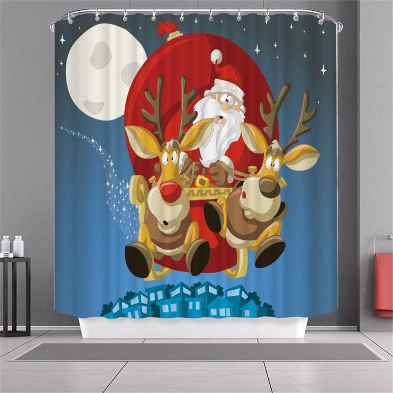 Curtain Shower Christmas With Hook Waterproof Fabric Bathroom Santa Xmas Claus