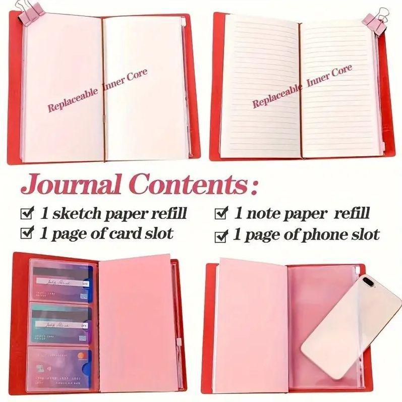 1pc Pink Notebook With 136 Pages, Card Slots, Storage Bag, and Customizable Pages.