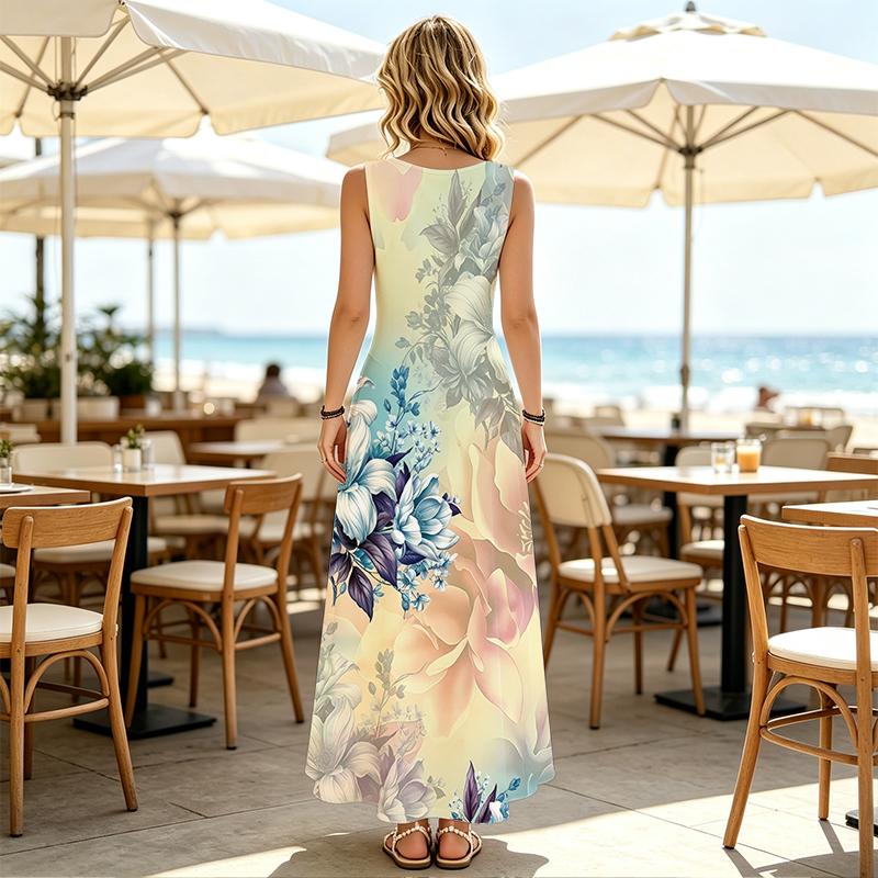 Women's A-Line Floral Fresh Maxi Dress Sleeveless,Lightweight,Flowy Full Skirt,Versatile,Elegant Romantic,Ideal for Picnic,Daily Casual,Vacation