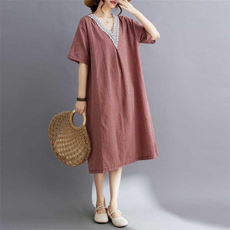 Summer Retro Cotton Linen Lace Cotton Linen Plaid Dress