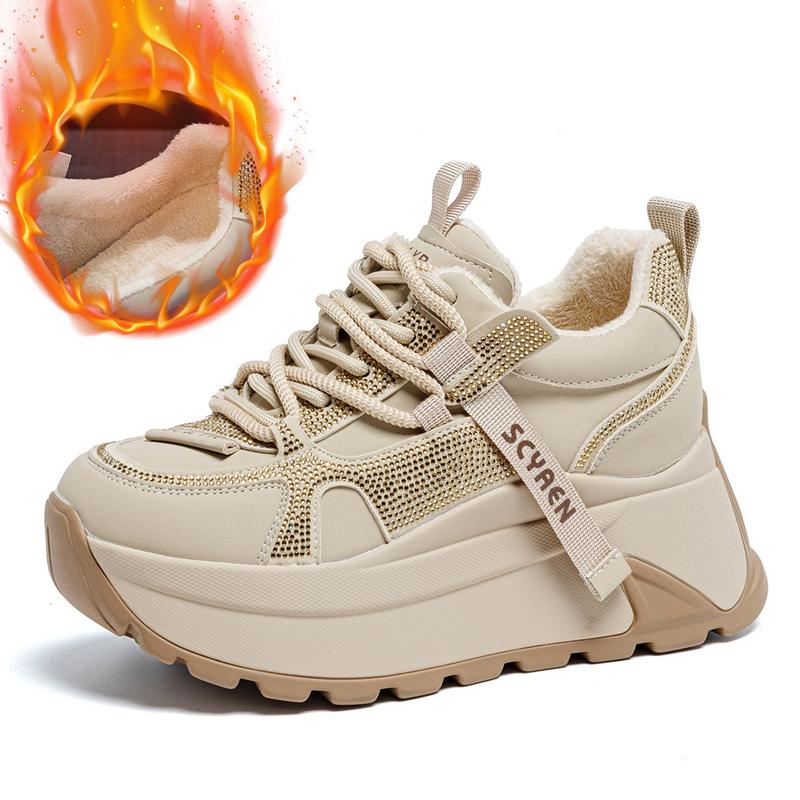 8cm Chunky Sneakers Platform Heel Women Casual Shoes Genuine Leather Comfortable Walking Shoes Warm Fur Winter Shoes