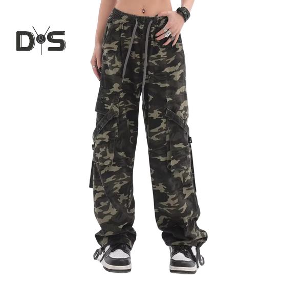 

Жіночі штани-карго з камуфляжним принтом і кількома кишенями, шнурівкою, довгі штани, прямі широкі брюки, шорти для вулиць M