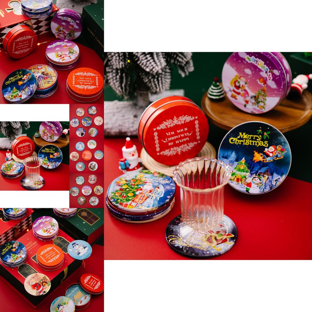 Lustige und farbenfrohe Untersetzer aus runden Blechdosen mit Cartoon-Druck, ideal für Weihnachtsdekorationen und Geschenke für Kinder