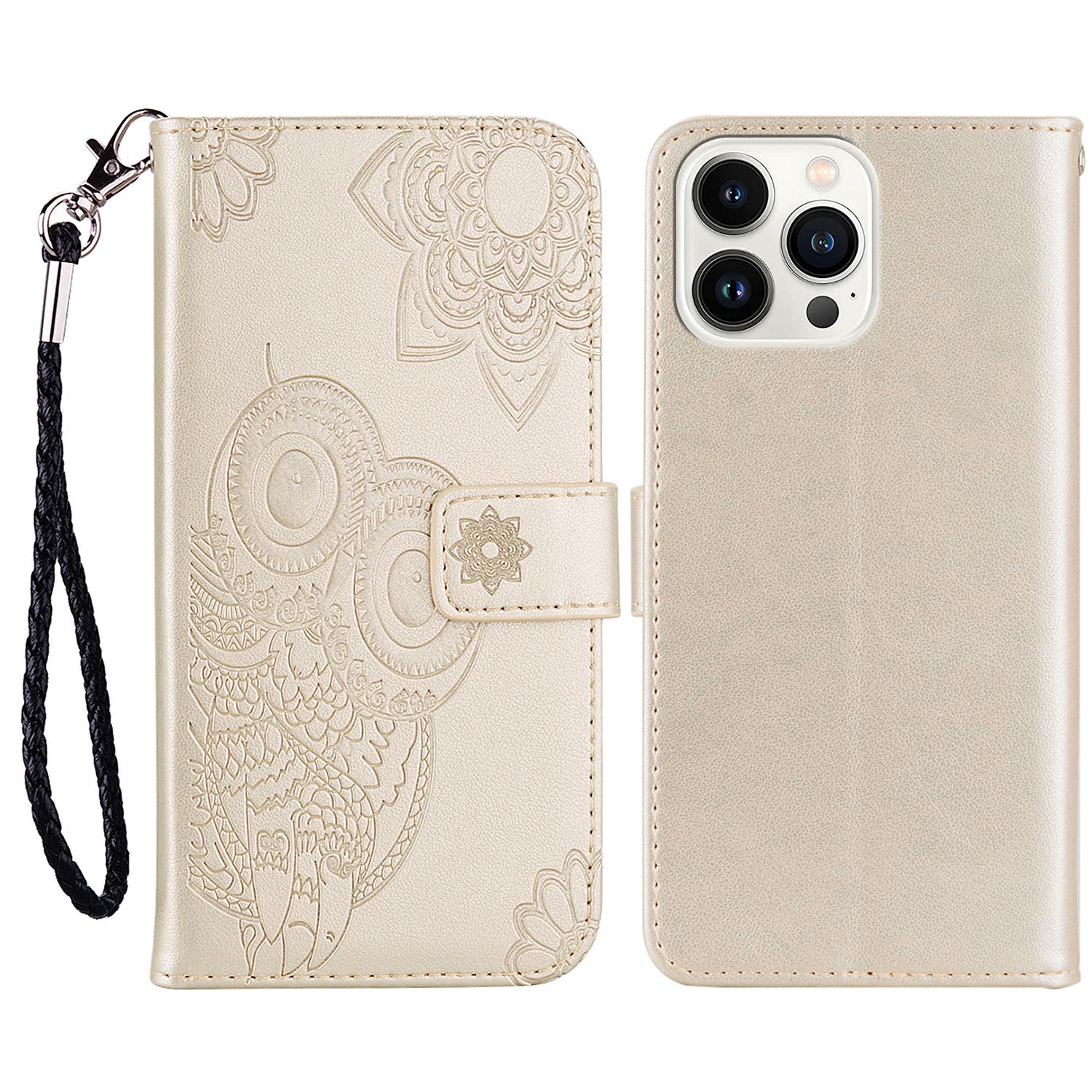 

For iPhone 16 Pro Max Case Owl Flower Imprinted Leather Cover Wallet with Strap Gold