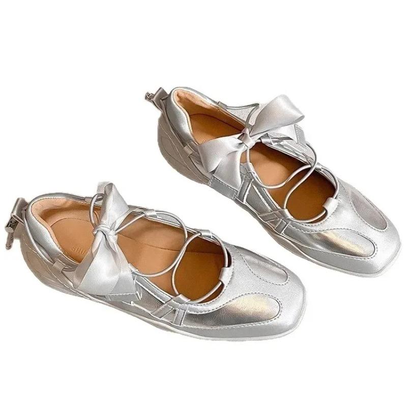 Leather Version Small Fashionable Ballet Style Casual Sports Shoes Women Thick Bottomed Mary Janes Silver Color with Bow Tie