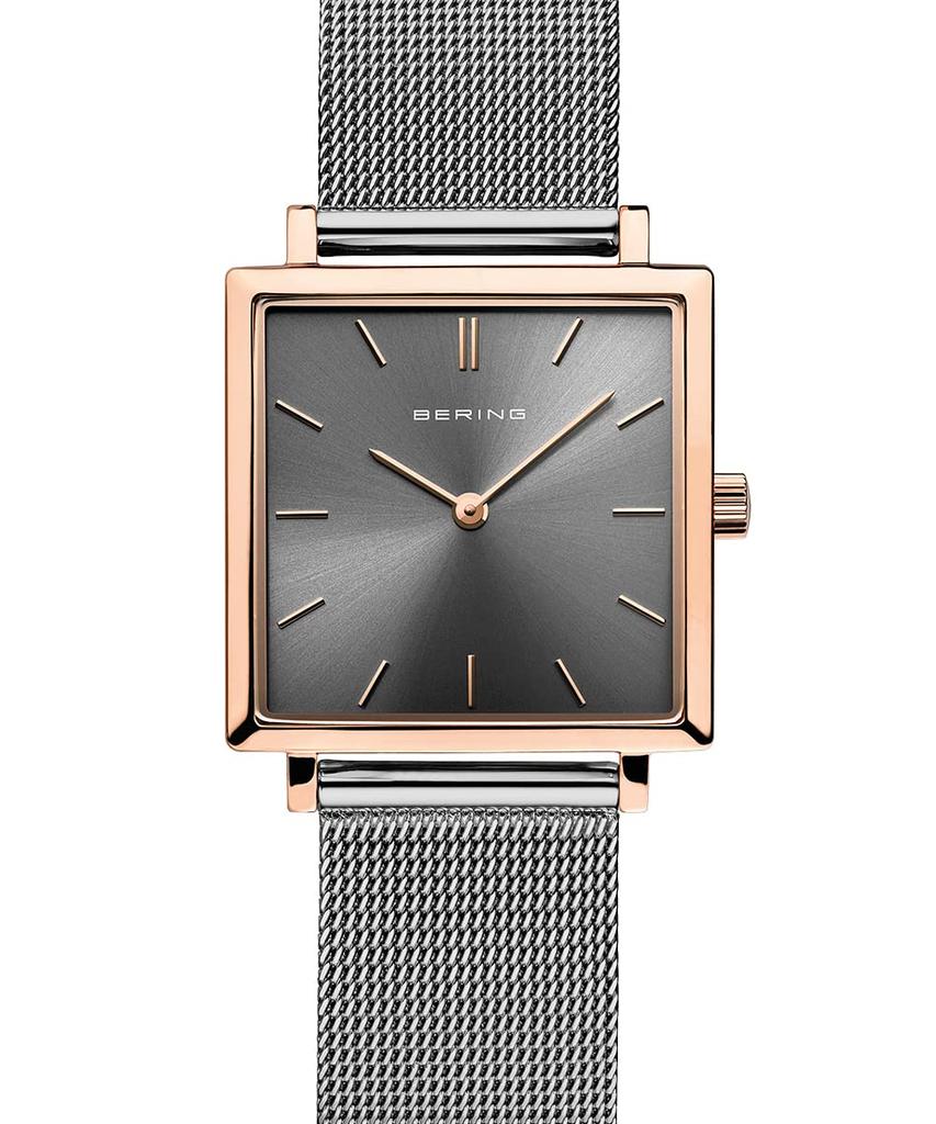 BERING Square Quartz Grey x Rose Stainless Mesh Official Internal Sapphire Scratch Shatter Resistant Ladies' Watch, Gold, Steel, Strap, 18226-369,