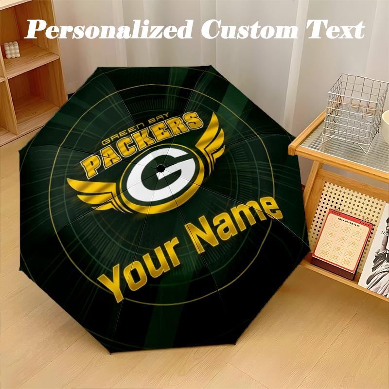 Green Bay Packers Automatic 8‑ribs Umbrella, Custom Name Text Personalized Folding Umbrella Rain Sun Gift