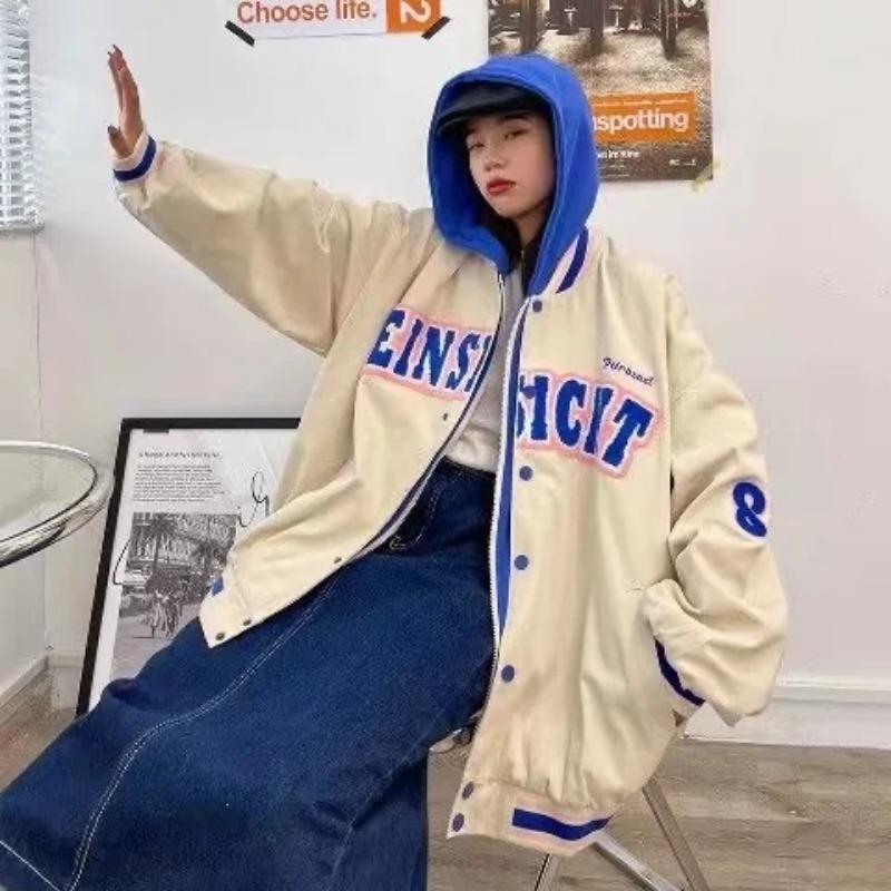 New Trendy Fashion Letter Printing Embroidered Baseball Uniform Female Couple retro Harajuku Loose American Street Jacket Women