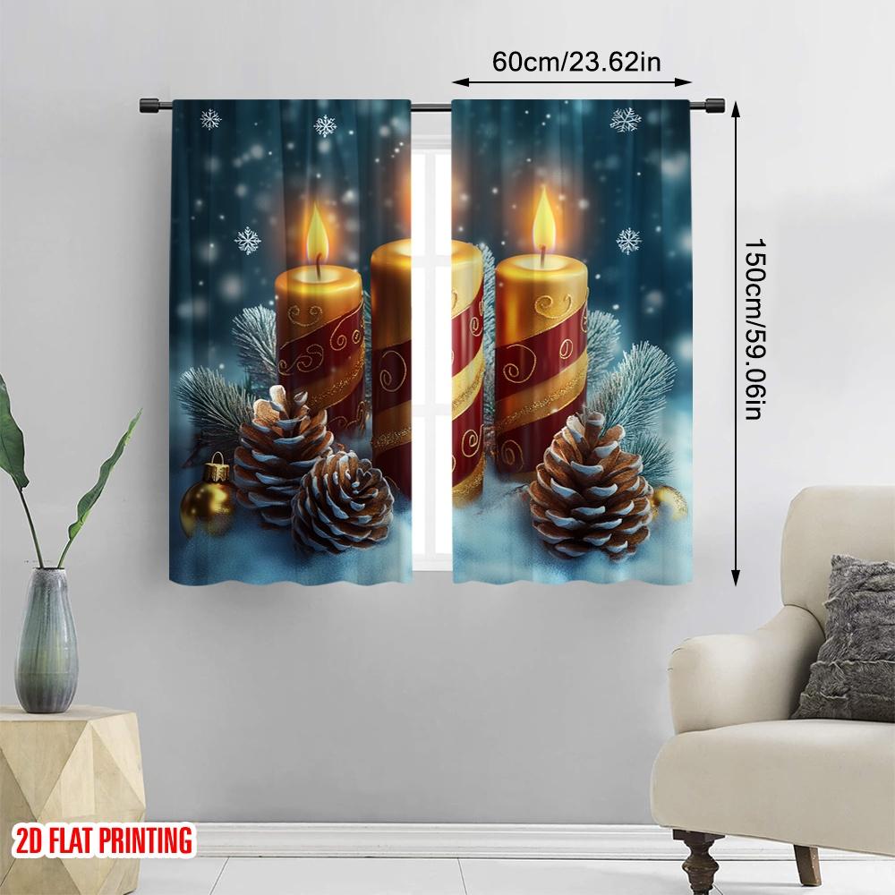 2pcs,2D Plane Printing Popular Curtains Christmas Candles Pine Cones (2) Versatile Durable Polyester (without Rod) Room Decor
