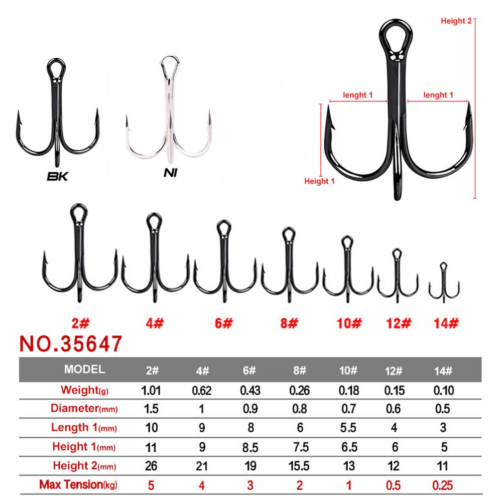 50pcs/box Treble Hooks Round Bend Triple Fishing Hook High Carbon Steel Barbed Sharp Fishhook for Surf Fish Freshwater Saltwater