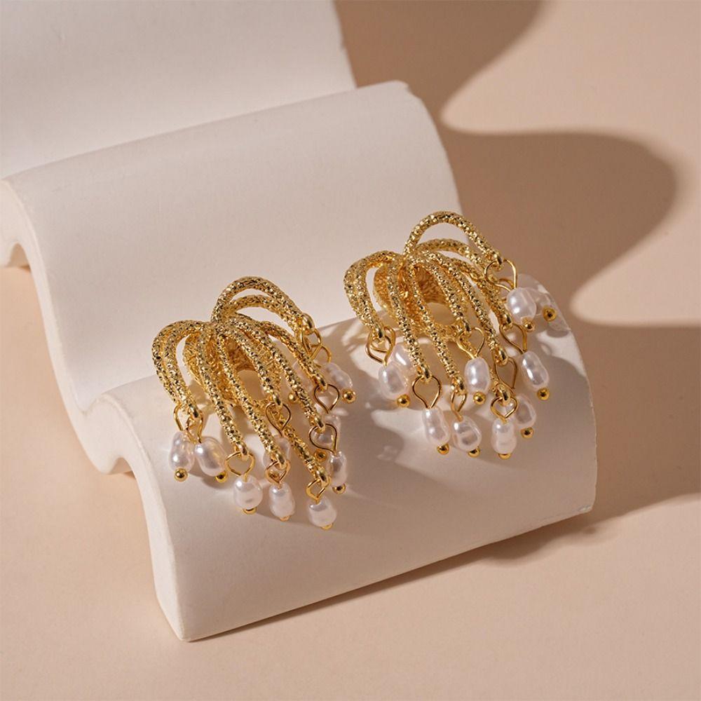 Irregular Metal Flower Earrings Vintage Exaggerated Earrings Pearl Tassel Earrings  Women