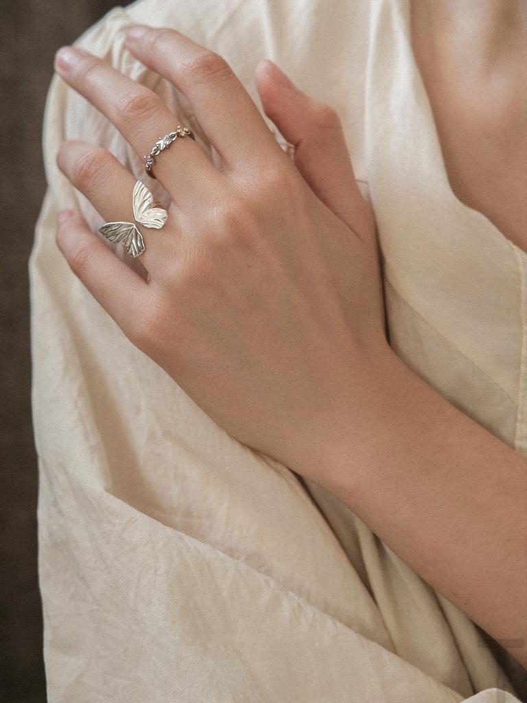 S925 Sterling Silver Natural Smart Butterfly Ring Female Simple and Compact Mori Style Ring Opening All-Match Jewelry