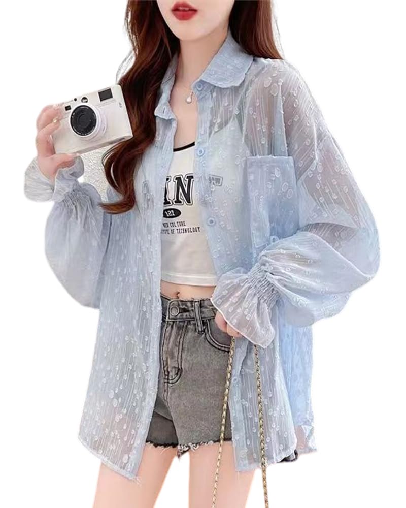 Collecala Élégant Bleu Clair Été UV Climatisation Long Grandes Tailles Ample Parfait pour Aller au Bureau Quotidien Été Chemise Chemise, Cardigan,