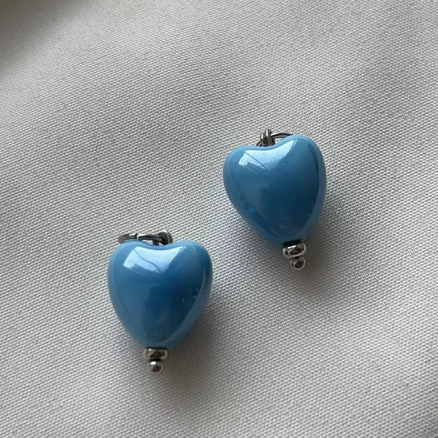 Stylish Elegant Sweet Biue Ceramic Heart Shape Pendant Earrings for Women Stainless Steel Double Ring Ear Cuffs Charm Jewelry