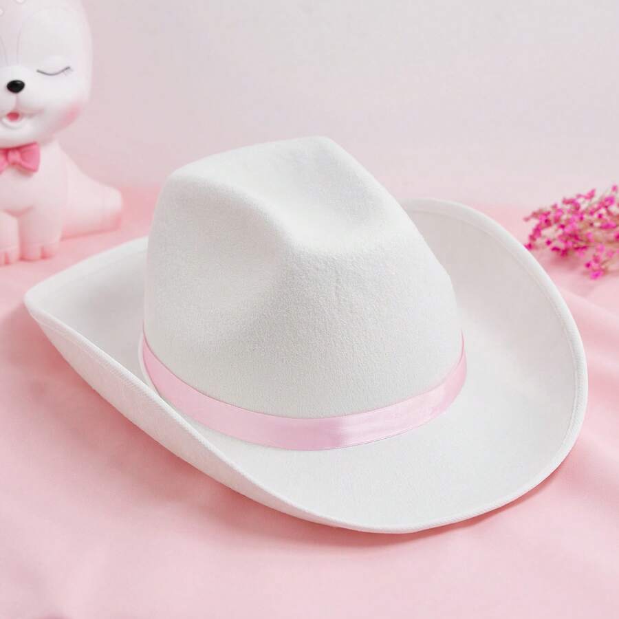 Pink Felt Cowboy Hat With Rhinestone Trim For Women Summer Wide Brim Western Fedora