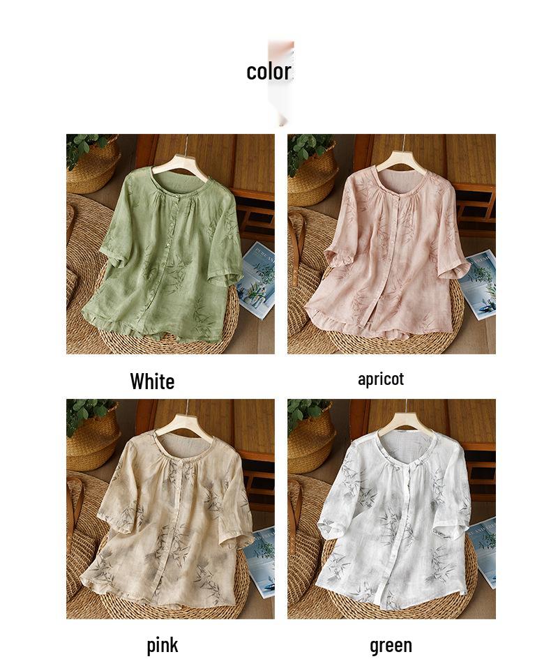 3365 Women's Lightweight Ink Bamboo Print Summer Ramie Top - Breathable & Unique Style