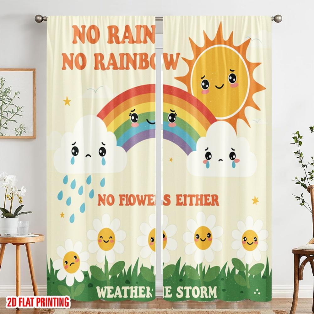 2 Stück 2D Flachdruck Vorhänge Fröhlicher Regenbogen Blume Sonne Polyester Ohne Strom Feiertagsdekorationen für Raumdeko