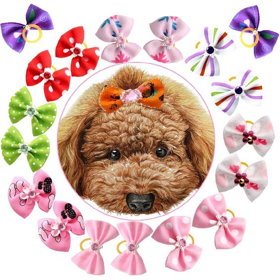 YOY 50 Pcs Adorable Grosgrain Ribbon Pet Dog Hair Bows with Elastic Rubber Bands - Doggy Kitty Topknot Grooming Accessories Set for Long Hair Puppy