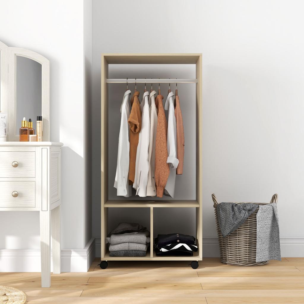 Wardrobe Closet Shelf 2 Compartments Wardrobe 4 Swivel Casters dim. 60L x 40W x 128H cm Natural Wood