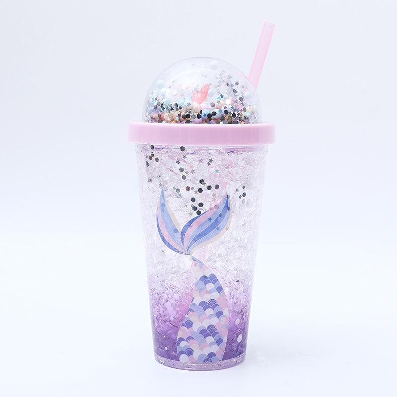 Wasserflasche Cartoon Pass Plastik-Wasserbecher Internet-Berühmtheit Hoher Wert Doppel-Strohhalmbecher Kinder Niedlich Pailletten Zerbrochenes Eis Becher 550ml violett