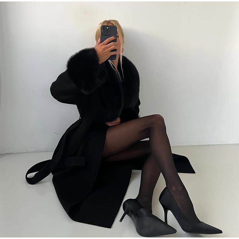 Pelzkragen Schnürwollmantel Damen Herbst und Winter Neuer dicker Mantel Einfarbig Langer modischer Mantel